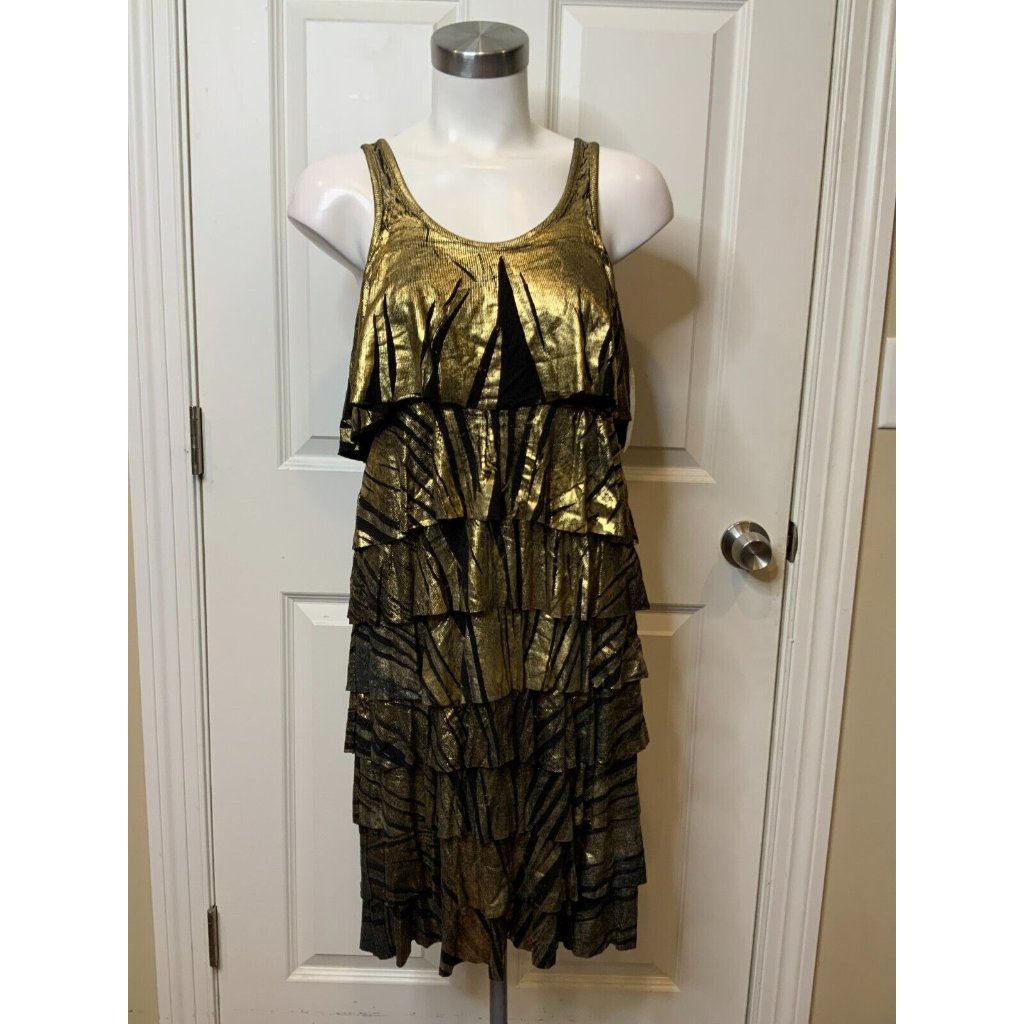 Michael Kors Black & Metallic Gold Painted Tiered Sleeveless Dress, Size Xs, Nwt